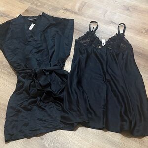 New VS Victoria Secret Black Satin Lingerie & robe set - slip dress Large